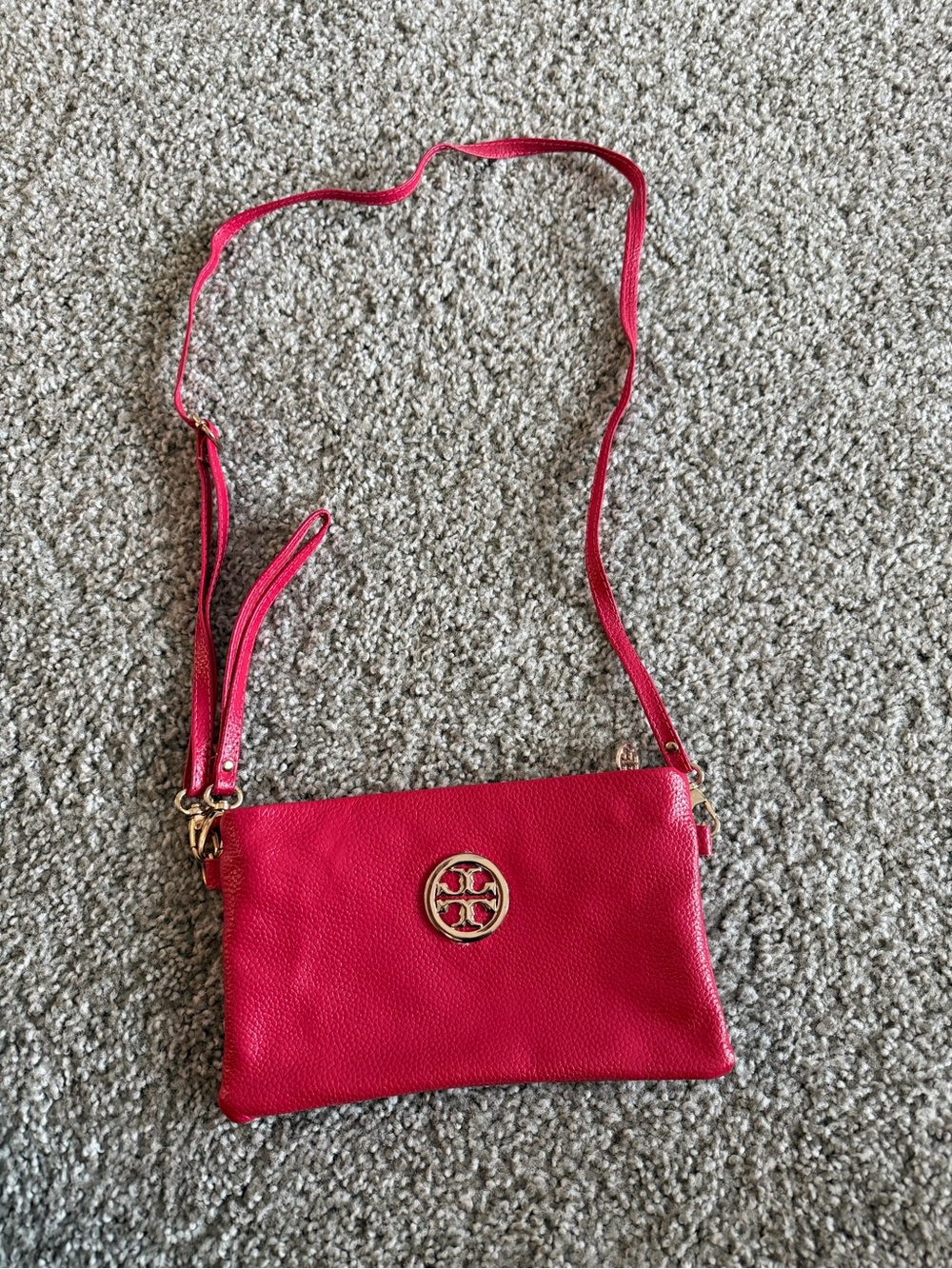 Tory Burch Pink-Red Pebbled Leather Crossbody with Gold Logo